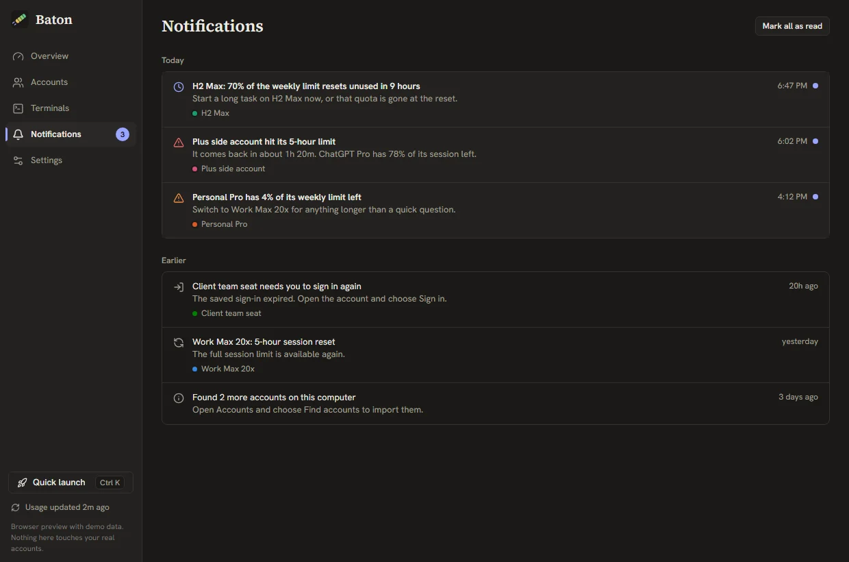 The Notifications screen: H2 Max has 70% of its weekly limit resetting unused in 9 hours, Plus side account hit its 5-hour limit, and Personal Pro has 4% of its weekly limit left.