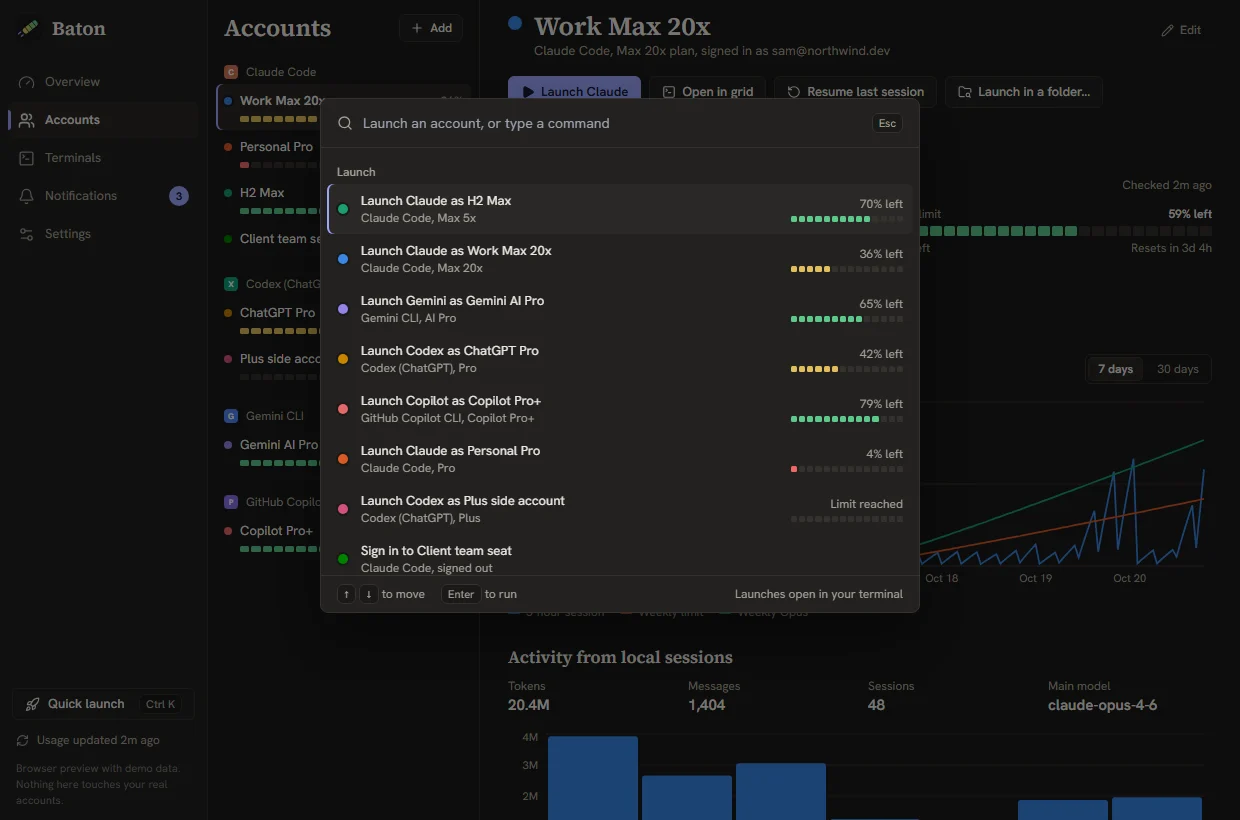The quick launch palette open over the Overview: a list of launch actions such as Launch Claude as H2 Max, each with a small meter of what is left.